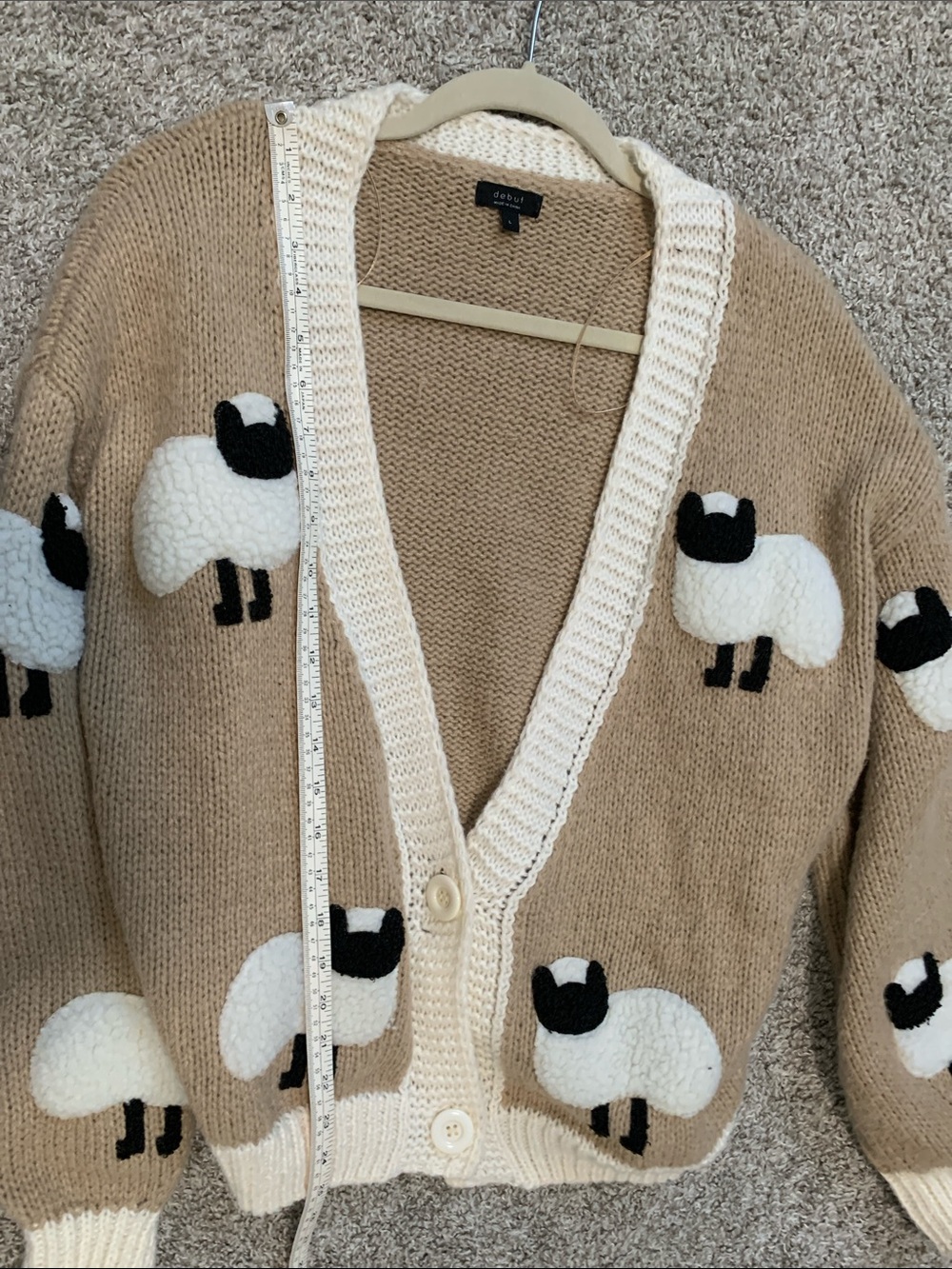 debut Beige Sheep Appliqué V-Neck Cardigan Sweater with Cream Trim - Picture 6 of 7